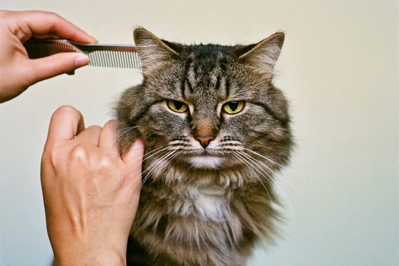 A long-haired cat being combed