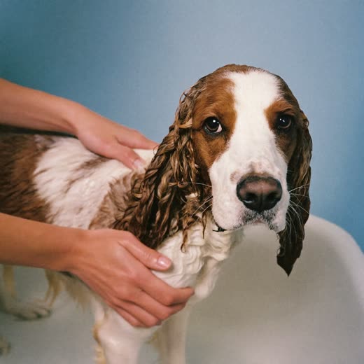 A spaniel being lathered during a bath